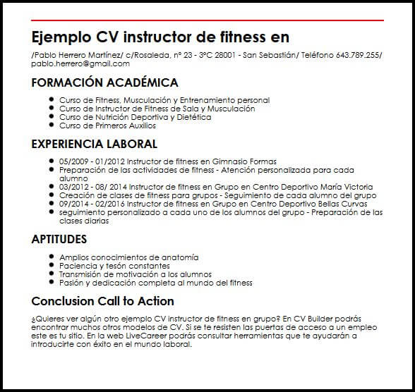 Ejemplo CV Instructor De Fitness En Grupo MiCVideal